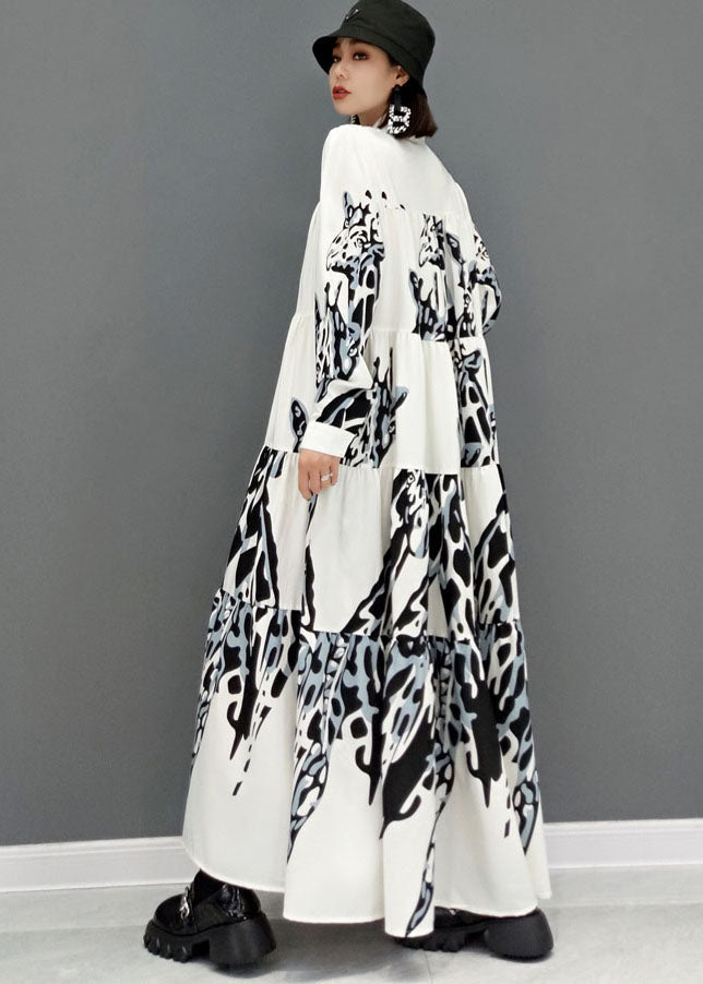 White Stand Collar Print Pleated Long Dresses Long Sleeve