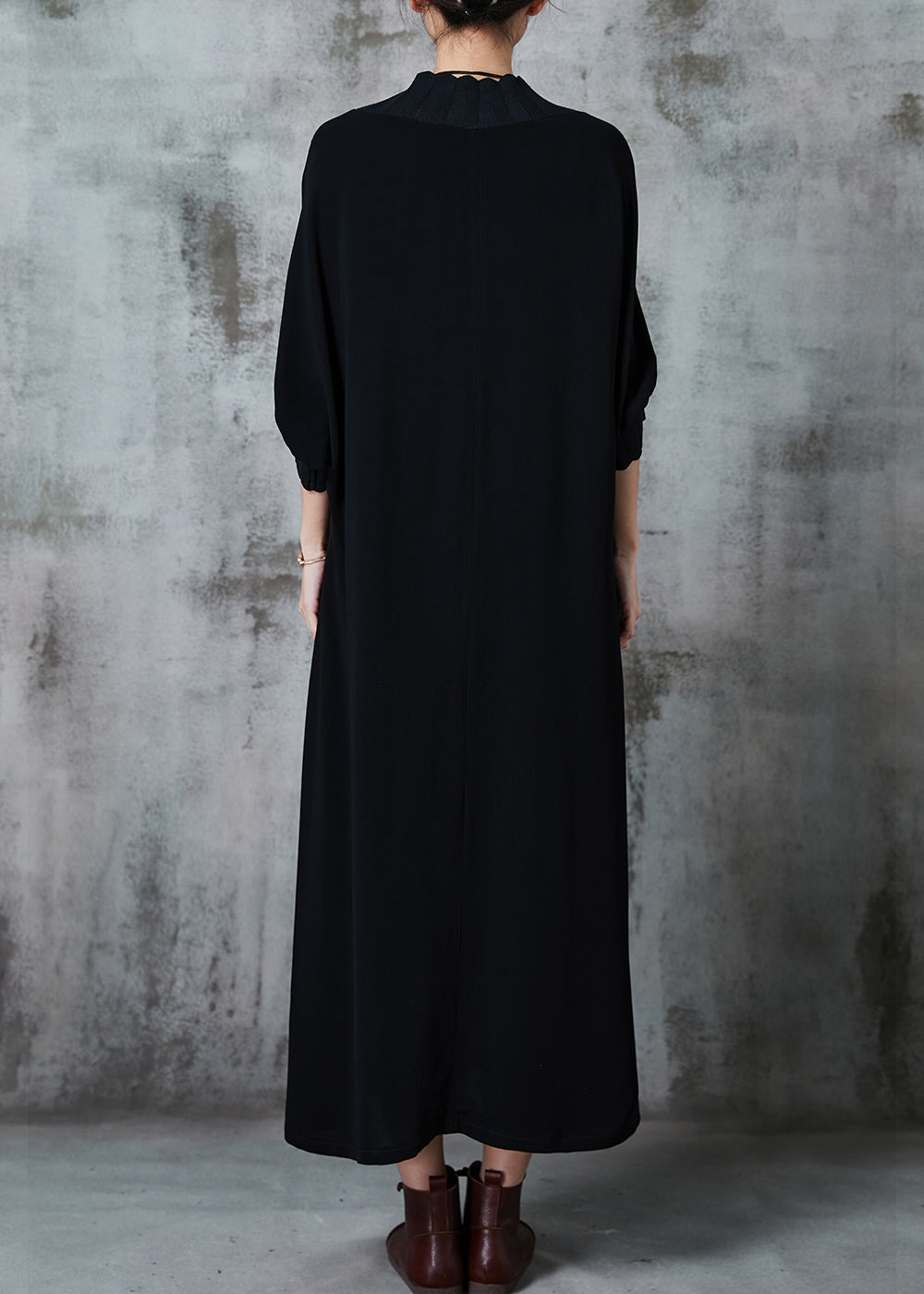 Unique Black Oversized Cotton Maxi Dresses Batwing Sleeve Fall