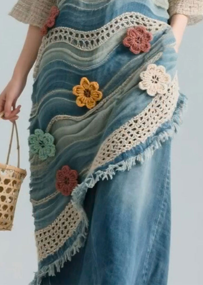 Blue Striped Hollow Out Knit Patchwork Blouses Bracelet Sleeve