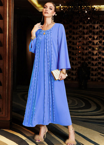 Blue Patchwork Nail Bead Vacation Long Dresses Fall