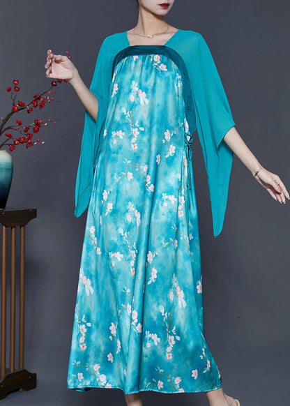 Blue Cinched Patchwork Silk Long Dresses Summer