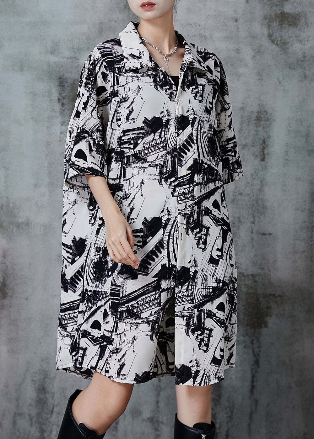 Black Oversized Print Chiffon Dress Summer