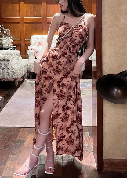 Red Ruffled Lace Up Print Cotton Long Dresses Sleeveless