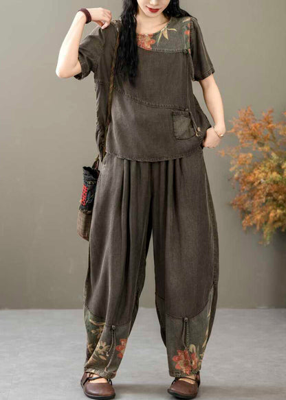 Black Print Tops and Crop Pants Denim Two Piece Suit Summer