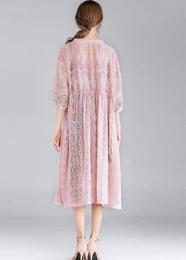 Style Pink Tie Hollow Out Spring Half Sleeve Two Piece Set Clothing