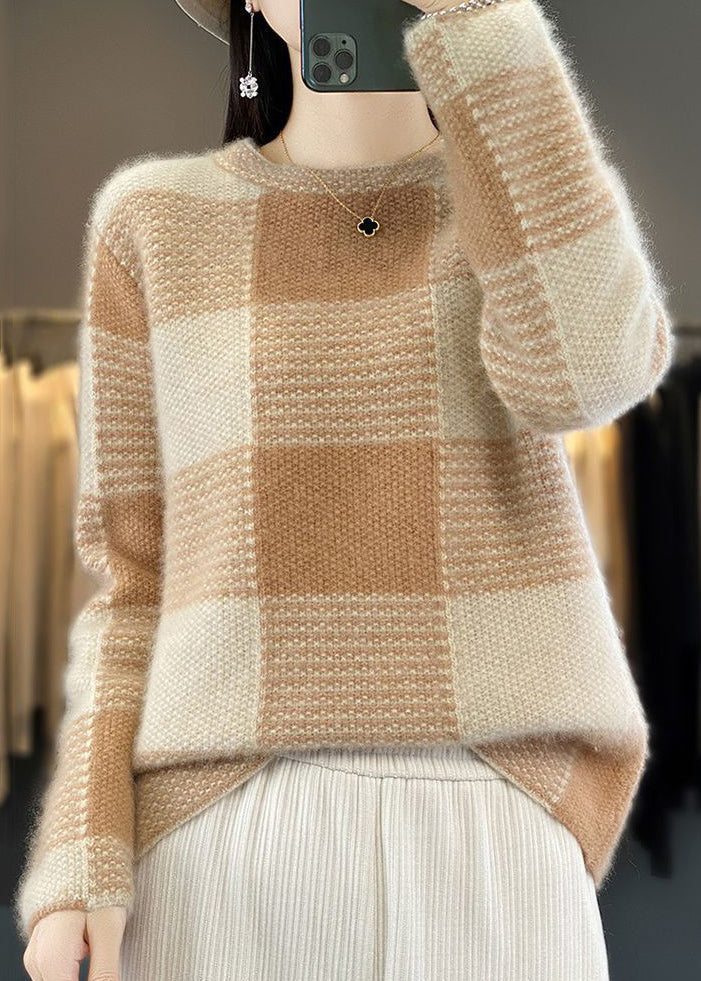 Grey Plaid O Neck Cozy Sweaters Long Sleeve