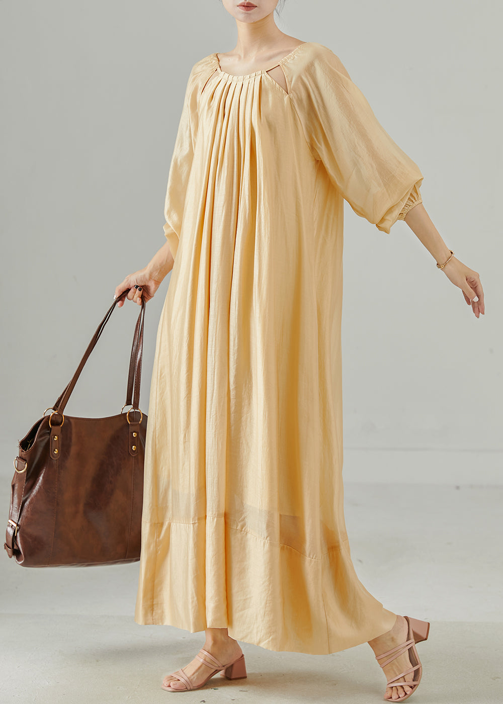 Khaki Oversized Hollow Out Linen Dress Spring
