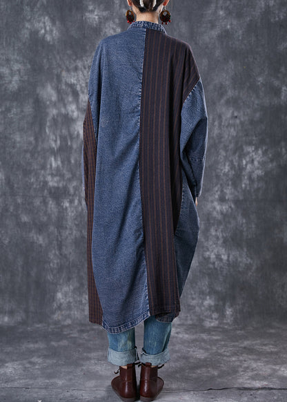 Navy Oversized Patchwork Applique Denim Trench Coat Spring
