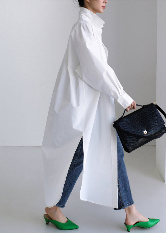 White Peter Pan Collar Asymmetrical Cotton Shirts Long Sleeve