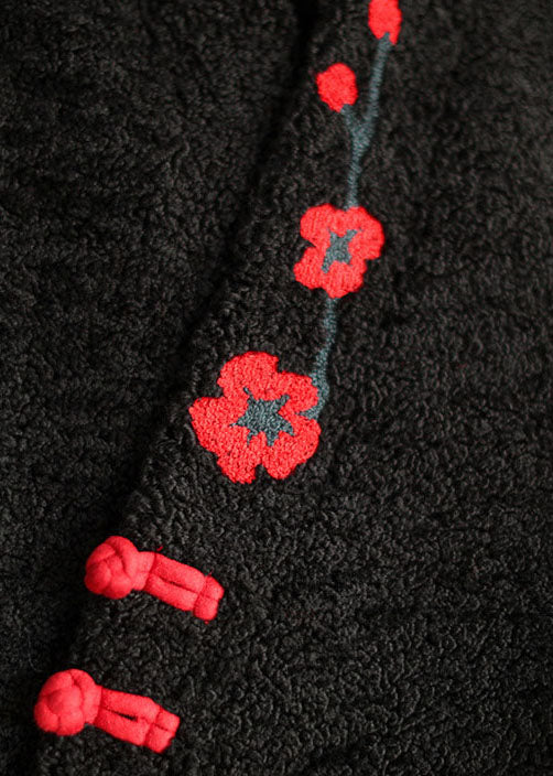 Chinese Style Black Button Embroideried Faux Fur Coats Long Sleeve