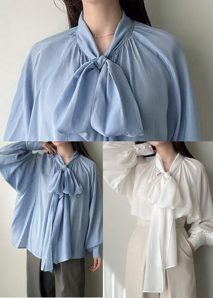 Blue Bow Oversized Silk Tops Lantern Sleeve Fall