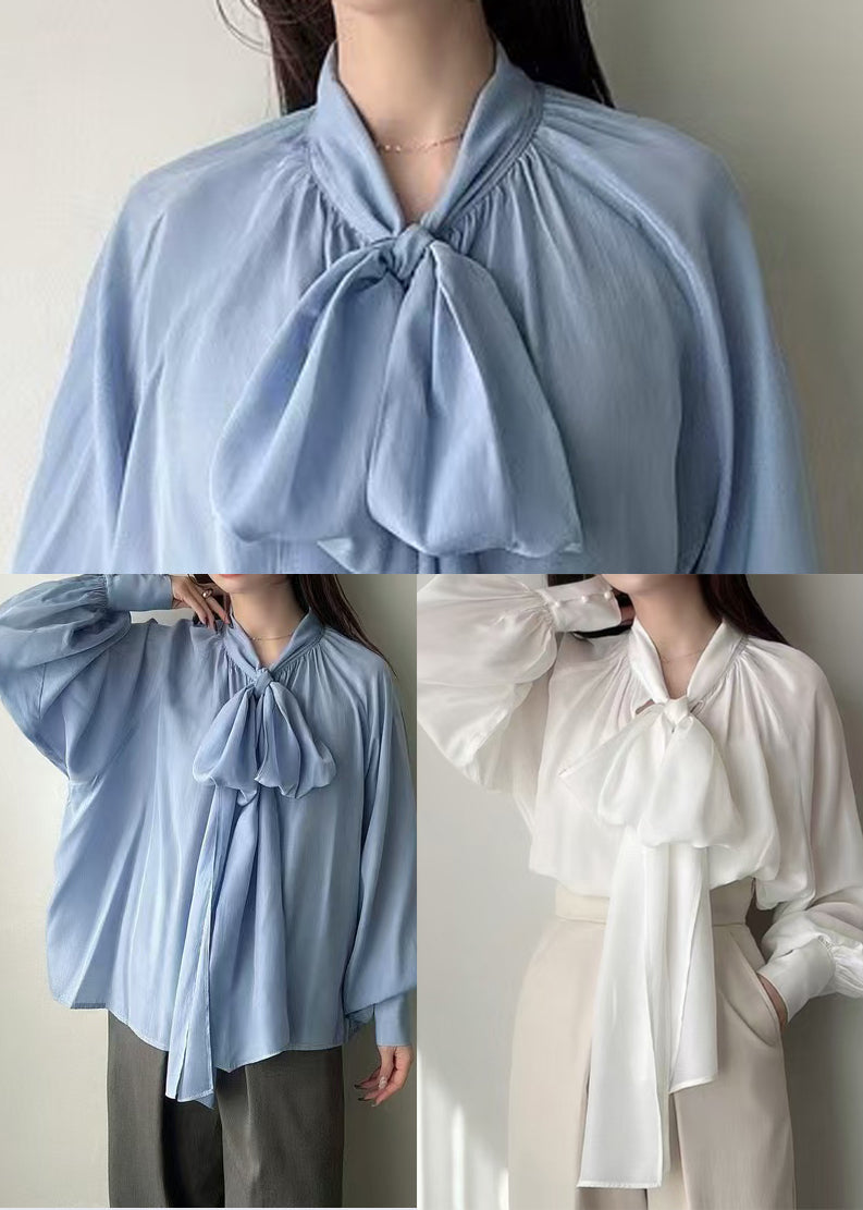 Blue Bow Oversized Silk Tops Lantern Sleeve Fall