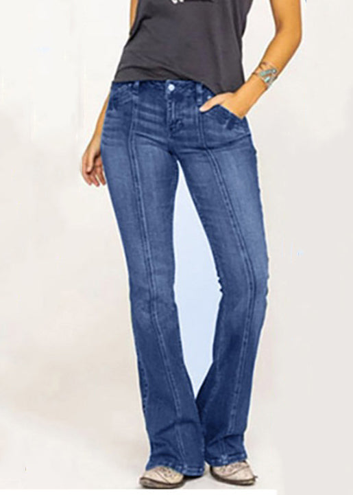 New Denim Blue Button Pockets Flare Bottoms Summer