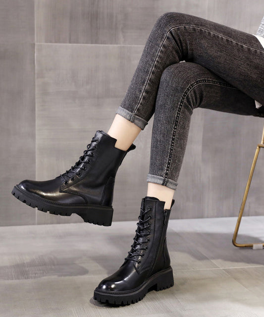 Black Boots Warm Fleece Lace Up Chunky Boots