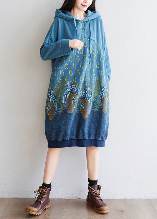 Blue Pullover Dresses Drawstring Hooded Spring