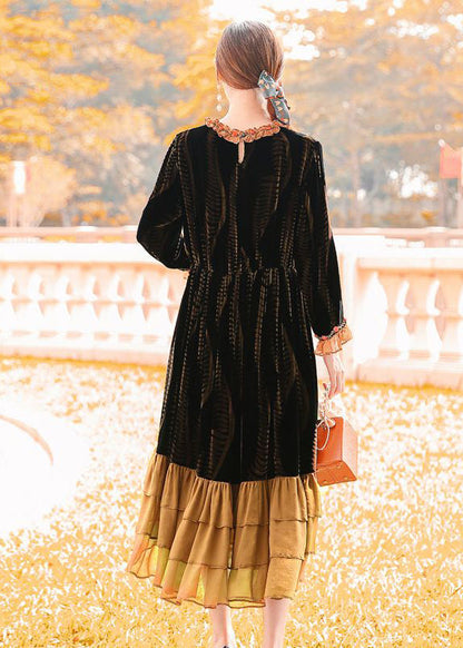 Brown Cinched Patchwork Ruffles Silk Velour Dress Spring