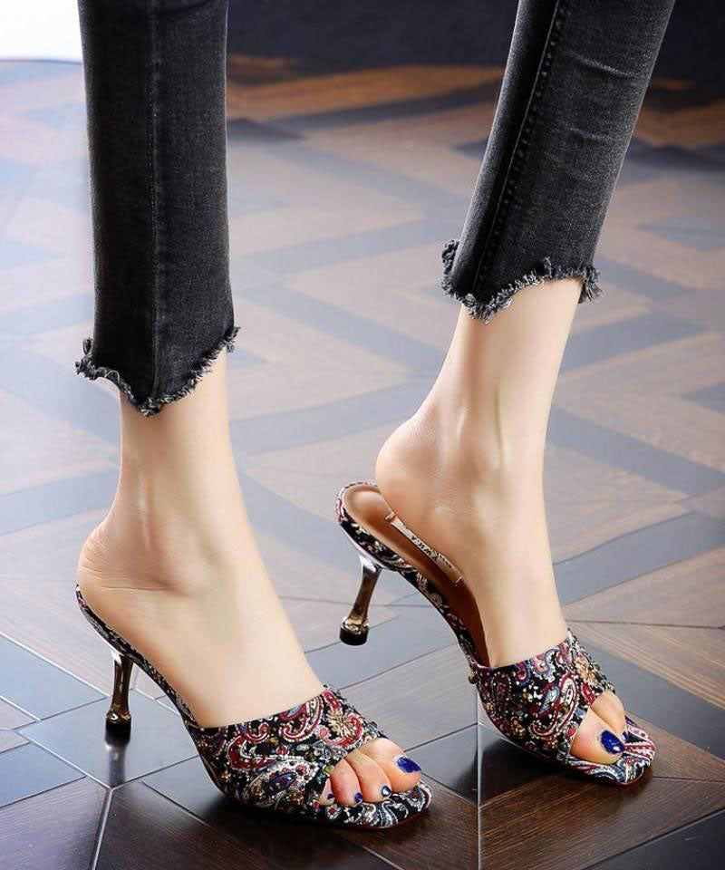 Peep Toe Stiletto Green Zircon High Heel Slippers