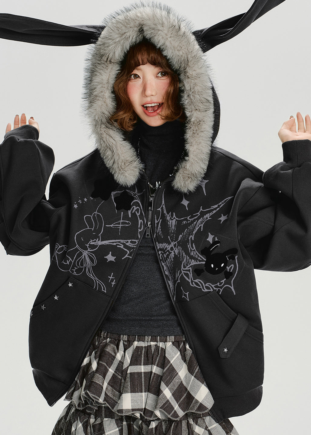 Dark Grey Fur Collar Patchwork Cotton Hooded Coat Spring