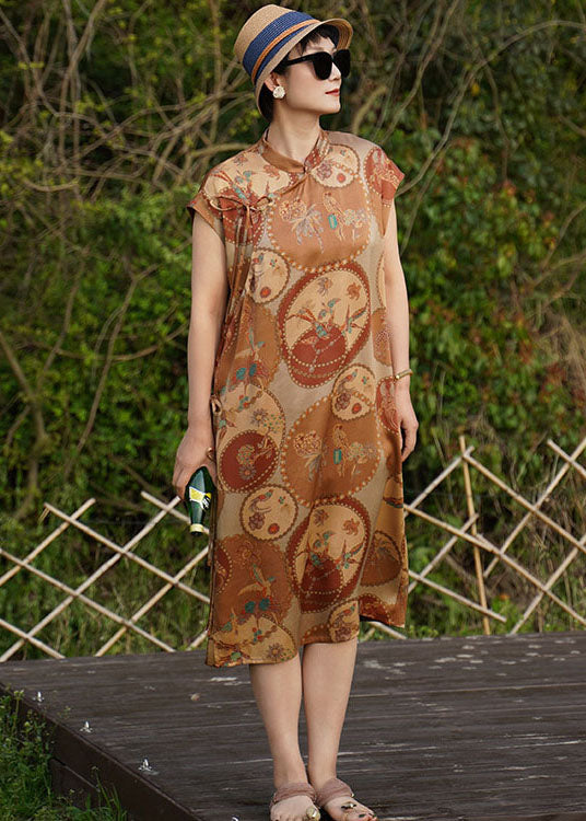 Original Design Khaki Mandarin Collar Print Side Open Silk Dresses Sleeveless