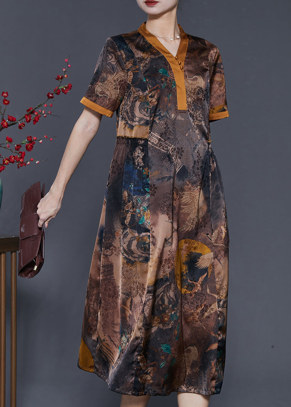 Brown Print Silm Fit Silk Long Dress Summer