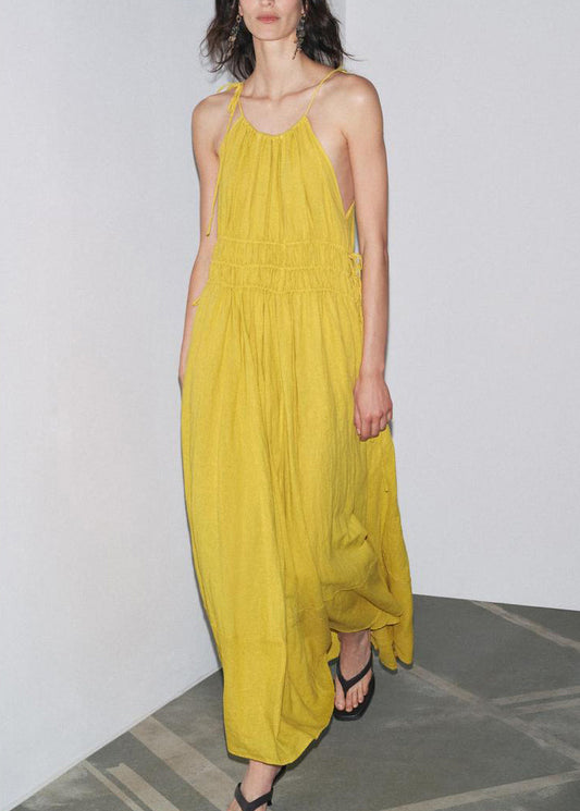 Yellow Wrinkled Lace Up Linen Spaghetti Strap Dress Sleeveless