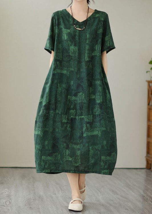 Blackish Green V Neck Print Patchwork Cotton Dress Summer