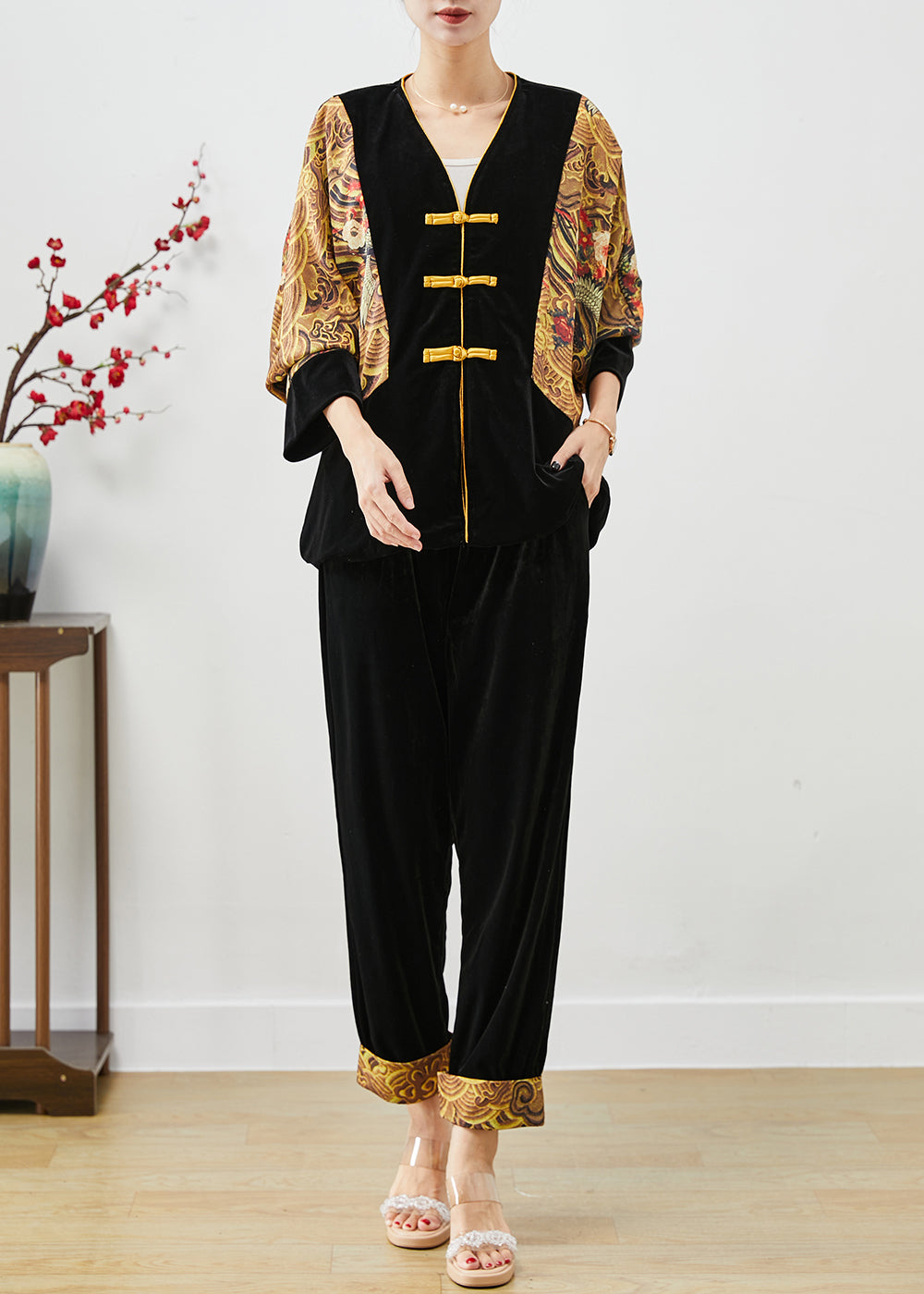 Diy Black Oversized Patchwork Chinese Button Silk Velour Two-piece Set Fall