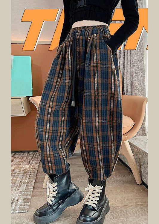 Chocolate Colour Elastic Waist Pockets Striped Beam Pants Fall