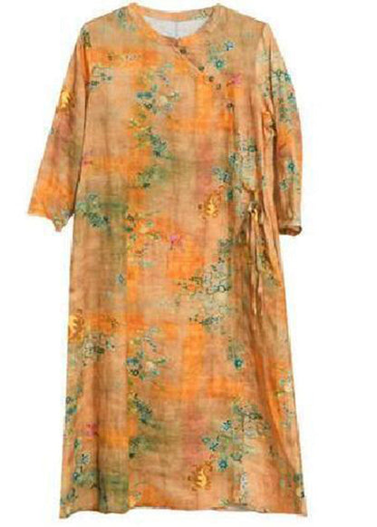 Yellow O-neck Print Tie Waist Linen Holiday Dress Spring
