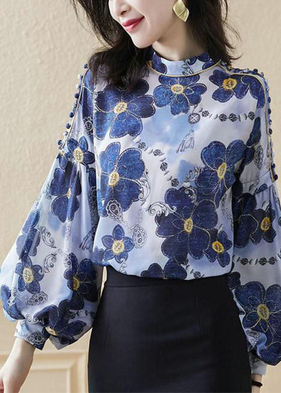 Blue Stand Collar Button Print Silk Shirt Top Spring