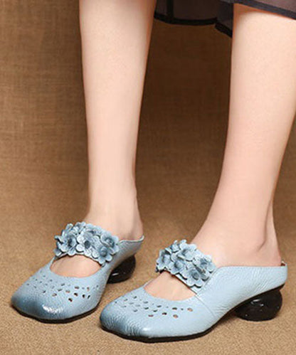 Retro Blue Cowhide Leather Splicing Slide Sandals