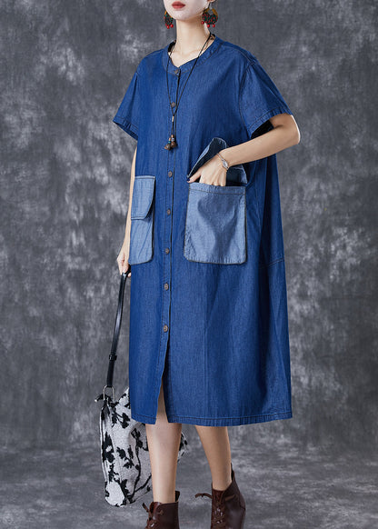 Navy Oversized Patchwork Pockets Denim Maxi Dresses Summer