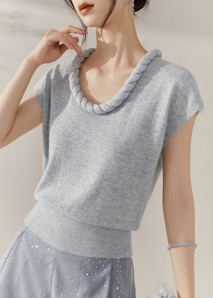 Simple Grey O Neck Cable Knit Sweater Summer