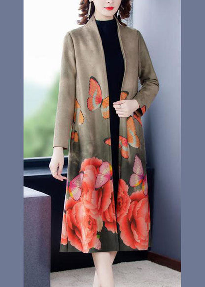Grey V Neck Butterfly Print Faux Suede Coats Long Sleeve