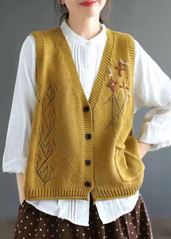 Yellow V Neck Button Patchwork Cotton Knit Waistcoat Sleeveless