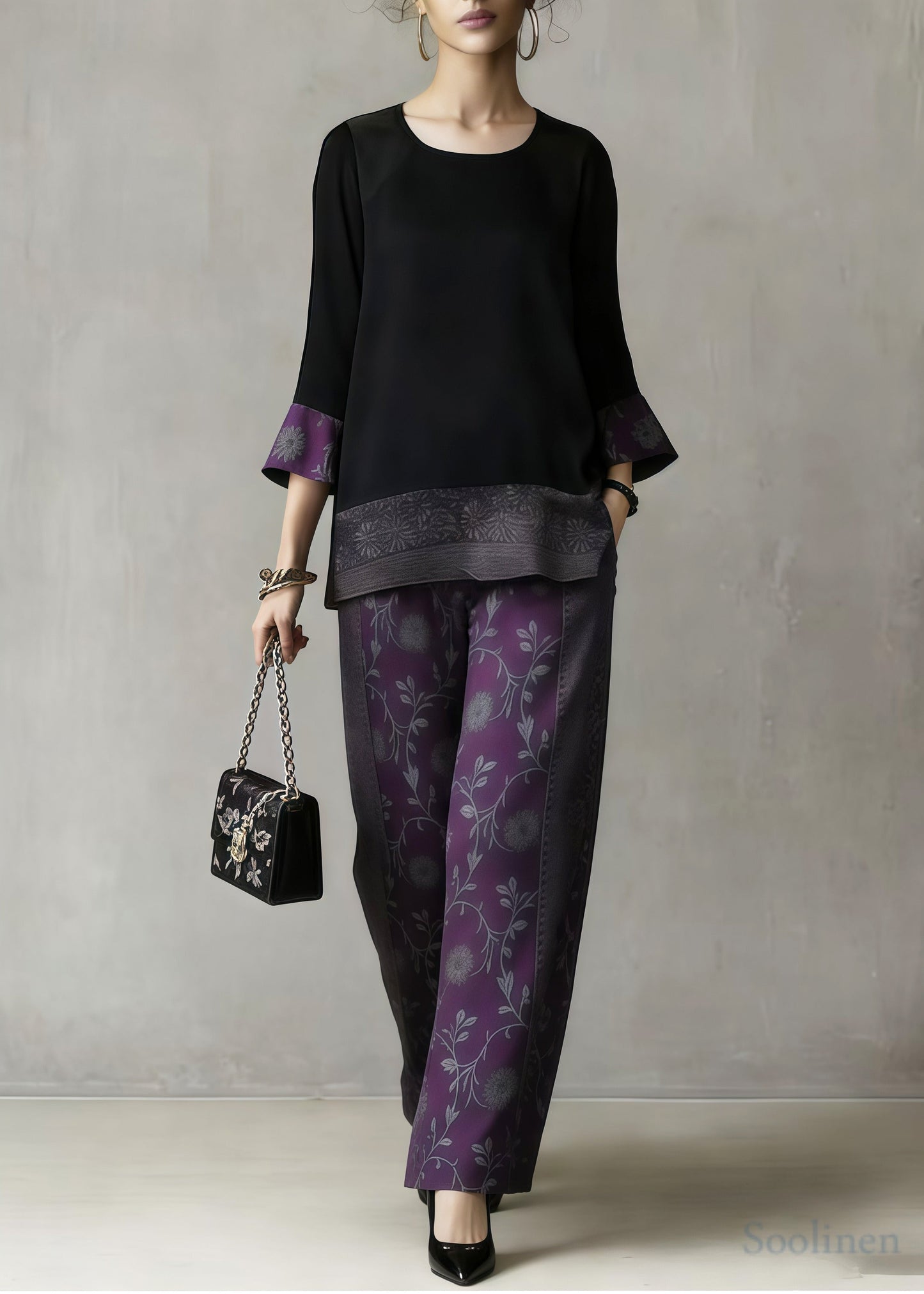 Boutique Purple Jacquard Patchwork Silk Two Pieces Set Summer