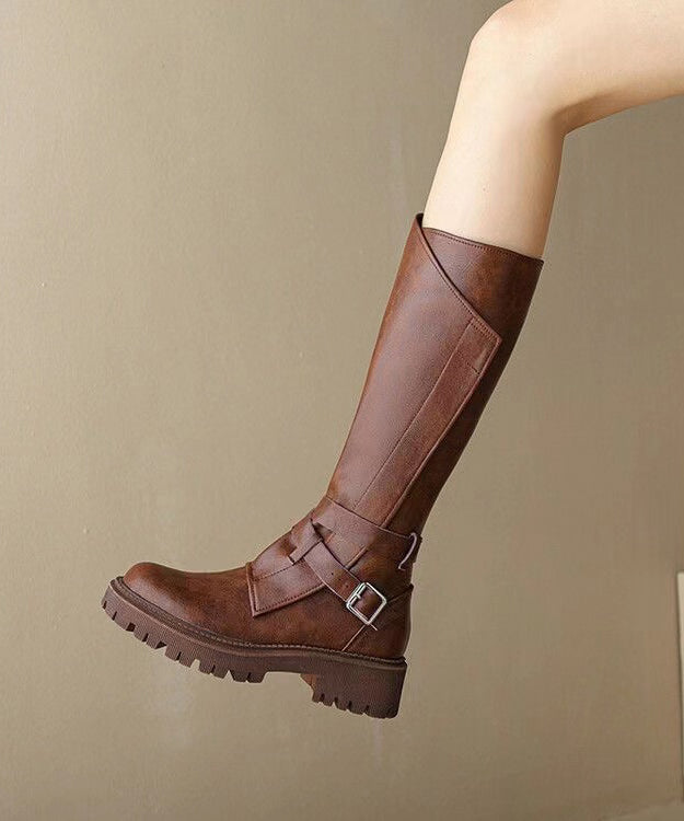Splicing Chunky Heel Boots Brown Faux Leather Fuzzy Wool Lined