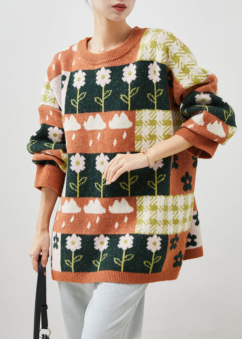 French Khaki Print Chunky Knit Short Sweater Winter