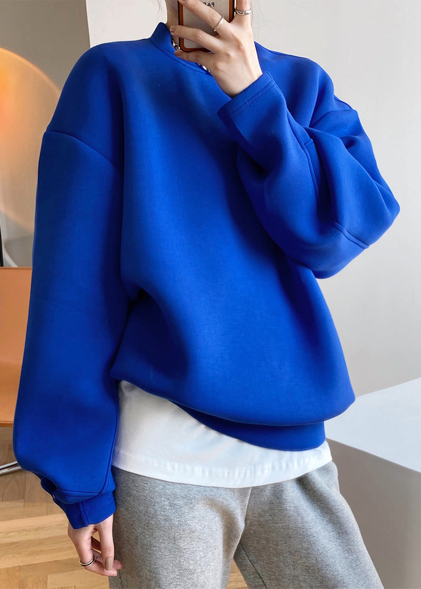 Blue O Neck Patchwork Cotton Sweatshirts Top Fall