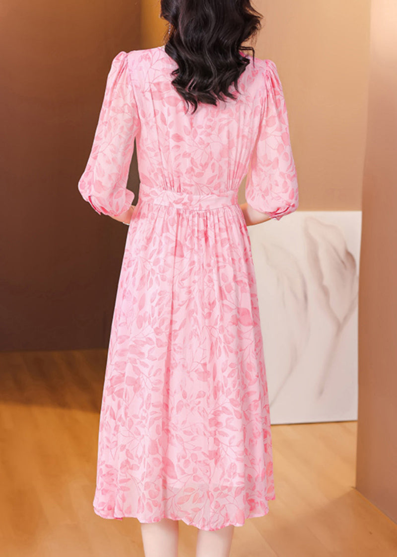 Pink Ruffled Print Silk Dresses Half Sleeve