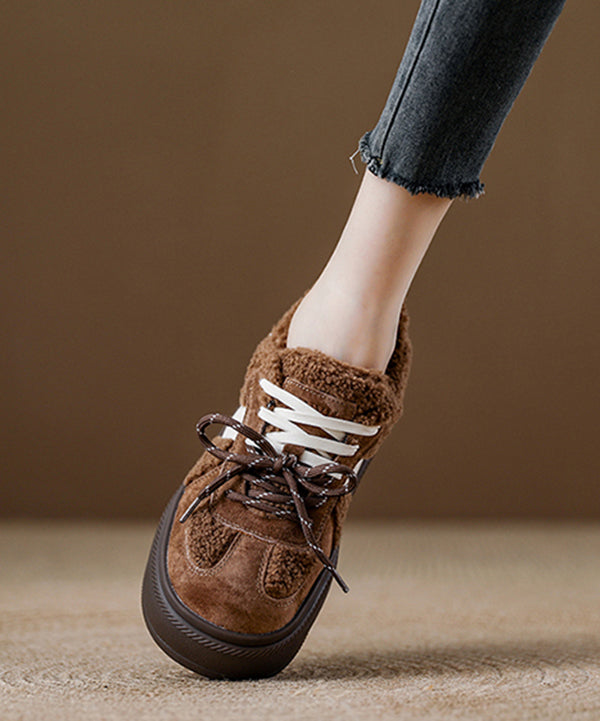 New Brown Suede Lace Up Splicing Flat Feet Shoes Fuzzy Wool Lined