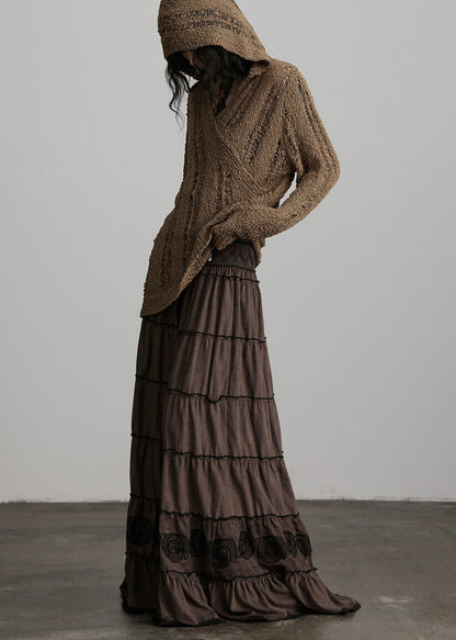 Brown Embroidered Tasseled Cotton Holiday Skirt Spring