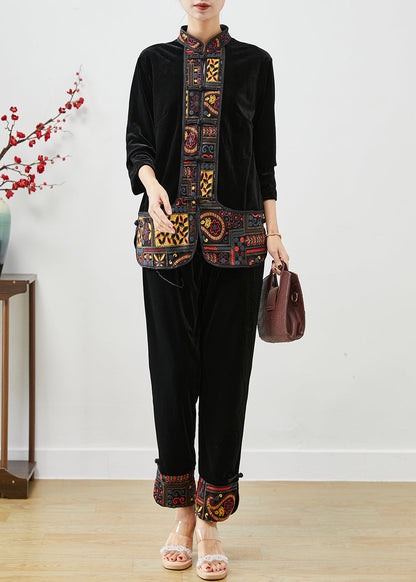 Black Embroideried Patchwork Silk Velour Two Piece Set Clothing Fall