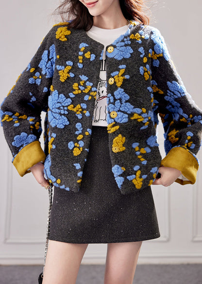 Blue Embroidered Button Duck Down Woolen Coat Winte