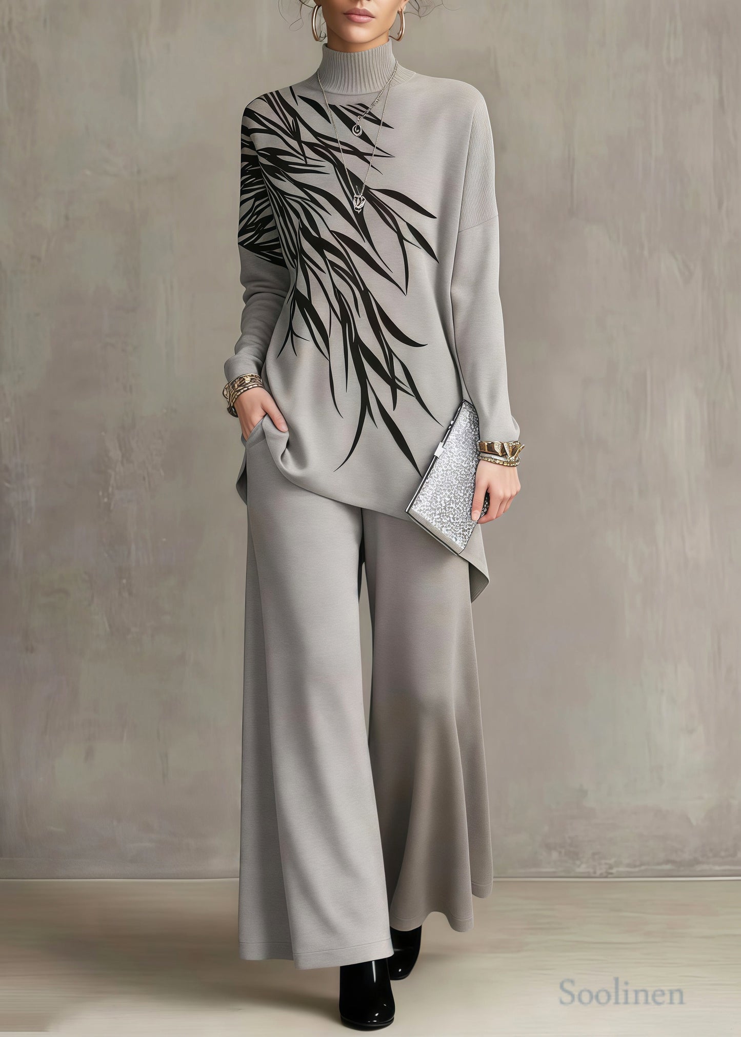 Khaki Print Knit Two Piece Suit Set Asymmetrical Stand Collar Spring