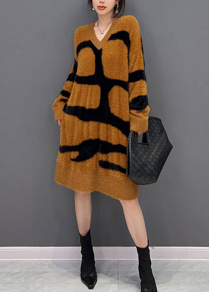 Orange V Neck Patchwork Mink Velour Maxi Dress Fall