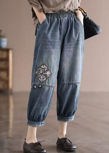 Loose Blue Elastic Waist Pockets Patchwork Applique Cotton Denim Crop Pants Summer