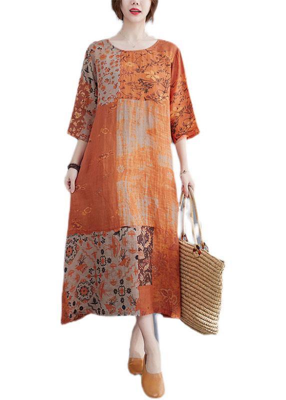 Purple Block Loose O-neck Print Summer Side Open Dress Half Sleeve
