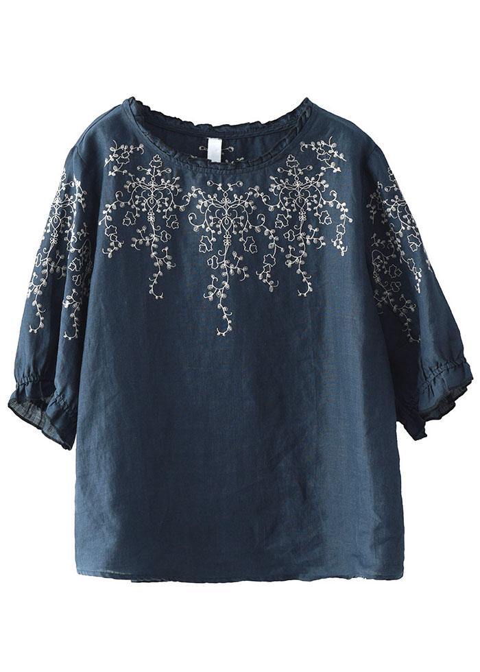 Handmade Navy Lantern Sleeve O-neck Embroideried Summer Ramie Blouses