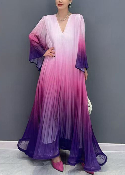 Blue Gradient Color V Neck Wrinkled Long Dress Flare Sleeve